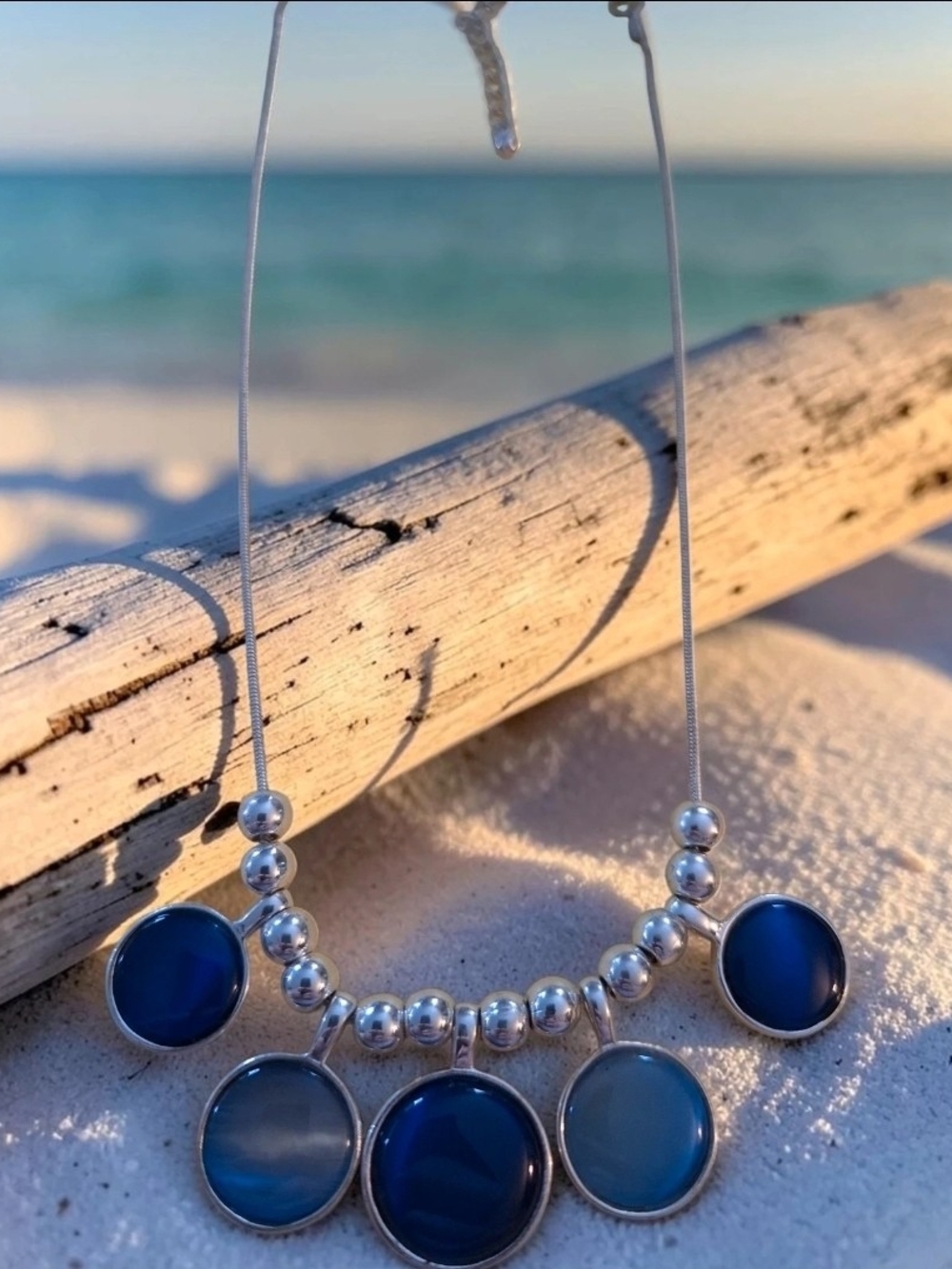 Silver-Tone Blue Disc Necklace with Bead Accents - Women Jewelry